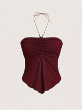 Solid Color Stretchy Polyester Blend Halter Neck Top - Y2K-Inspired Beaded Detail, Perfect for All Seasons