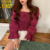 Long Sleeve Plaid Sexy Square Collar Bow Crop Tops