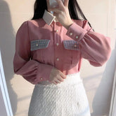 Long Sleeve Plaid Pockets Office Blouse Shirt