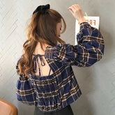 Plaid Backless Lace Up Lantern Sleeve Shirt