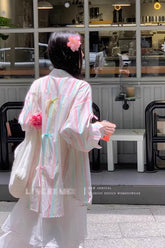 Long Sleeve Rainbow Striped With Cute Bow Blouse Shirt