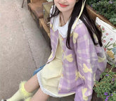 Long Sleeve Bow Plaid Knitted Cardigan Sweater