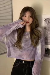 Long Sleeve Tie Dye Pattern Semi Transparent Shirts