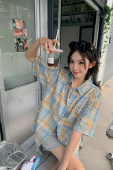 Short Sleeve Cute Yellow Blue Plaid Blouse Shirt