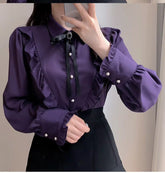 Long Sleeve Cute Bow Tie Retro Office Blouse Shirt