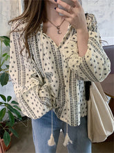 Vintage Printed Lace Up Loose Blouse Shirt