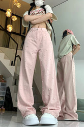 High Waist Cute Pearls Beaded Pink Jeans Pants