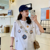 Cartoon Planets Embroidered Loose Shirt