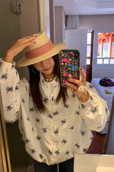 Casual Bow Printed Stand Neck Retro Zipper Jacket