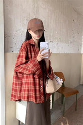 Long Sleeve Loose Retro Plaid Blouse Shirt
