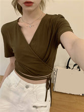V-Neck Short Sleeve Strap Slim Crop Tops