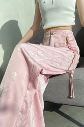 Loose Flowers Pattern Jacquard Satin Pants