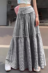 High Waist Lace Ruffled Plaid Maxi Skirts