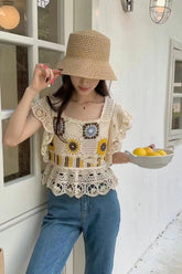Square Neck Knitted Embroidered Lace Crochet Shirts