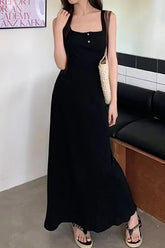 Square Collar Buttons Sleeveless Off Shoulder Long Dress