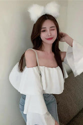 Long Sleeve Sexy Off Shoulder Ruffle Cropped Shirt