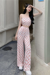 2-teiliges Set aus kariertem bauchfreiem Top und Hosenanzug