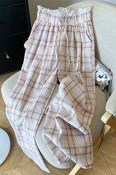 Cute Lace Waist Plaid Pattern Long Pants