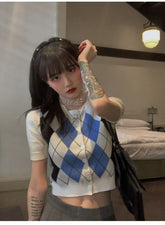 Retro Argyle Pattern Knitted Cropped Sweater