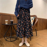 High Waist A-Line Flower Printed Corduroy Long Skirt