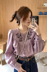 V-Neck Flower Embroidered Blouse Shirt