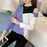Long Sleeve Striped Cut Side Shoulder Blouse Shirt