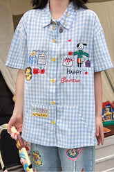 Short Sleeve Cute Pattern Plaid Blouse Shirt