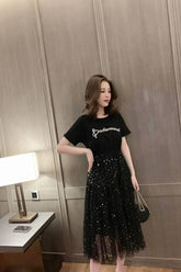 Loose O-Neck Casual Mesh Sequined Dress