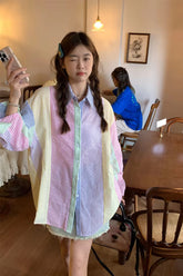 Long Sleeve Candy Colors Striped Blouse Shirt