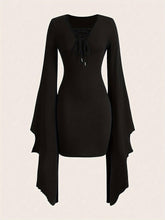 V Neck Asymmetrical Lace Dress Lace Up V Neck Asymmetrical Dress, Y2K Long Sleeve Dress For & Fall, Clothing