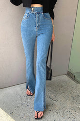 Schmale Jeanshose mit hoher Taille und weitem Bein