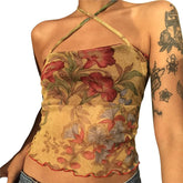 y2k Tops for Sheer Floral Print Slim Fit Spaghetti Strap Sleeveless Mesh Halter Vest 2000s Clothes Streetwear
