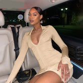 Voguable Solid Pleated Polo Neck Long Sleeves Mini Dress Streetwear Y2K Elegant Wear