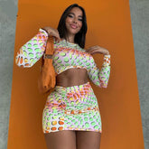 Voguable Colorful Spot Print Long Sleeve Crop Top Pleated Mini Dress 2 Piece Set Y2K Streetwear Outfit Fashion