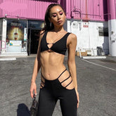 Voguable Solid Straps Tanks Hollow Out Tank Crop Top Pants 2 Pieces Set Streetwear Party Club Outfits Y2K