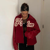 Voguable Pu Leather Letter Print Zipper Long Sleeve Loose Patchwork Jacket Winter Streetwear Outfits Y2K