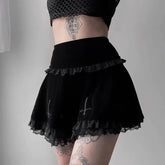 Punk Gothic Skirt 2000s Black Dark Academia Cross Print High Waist Pleated A-line Skirt y2k Vintage Lace Skirts