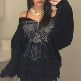 Voguable Y2K Gothic Butterfly Print Oversize Zip Up Hoodies Winter Grunge Long Sleeve Sweatshirt Casual Hooded Jacket Streetwear