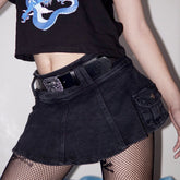 Voguable Harajuku Y2k Denim Skirt Dark Gothic Streetwear Mini Skirt with Skull Belt Mall Goth Punk Grunge Emo Clubwear