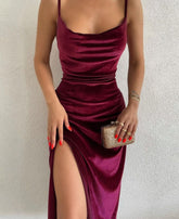 Voguable Velvet Swing Collar Sleeveless Slip Slit Maxi Dress Evening Party Elegant Streetwear Y2K