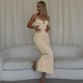 Bright Line Decoration Slip Backless U Neck Skinny Maxi Dress Bodycon Y2K Streetwear Outfits