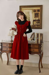 Velvet Frilly Bow Pinafore Dress