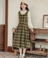 Chocolate Tea Plaid Twofer Midi Dress
