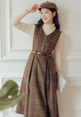 Coffee Plaid Midi Pinafore Dress