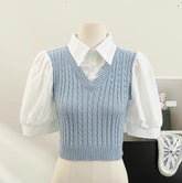 Braided Knit Twofer Cropped Blouse