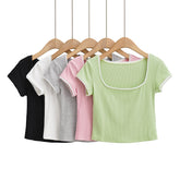 Camiseta de manga corta con costuras de encaje de color liso