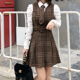 Coffee Plaid Pinafore Dress / Blouse