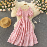 Puff Sleeve Gingham Tiered Dress