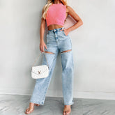 Versatile Studded Ripped Straight-Leg Wide-Leg Jeans