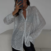 Glitter Sheer Mesh Top Long Sleeve Button Down Sequin Shirt